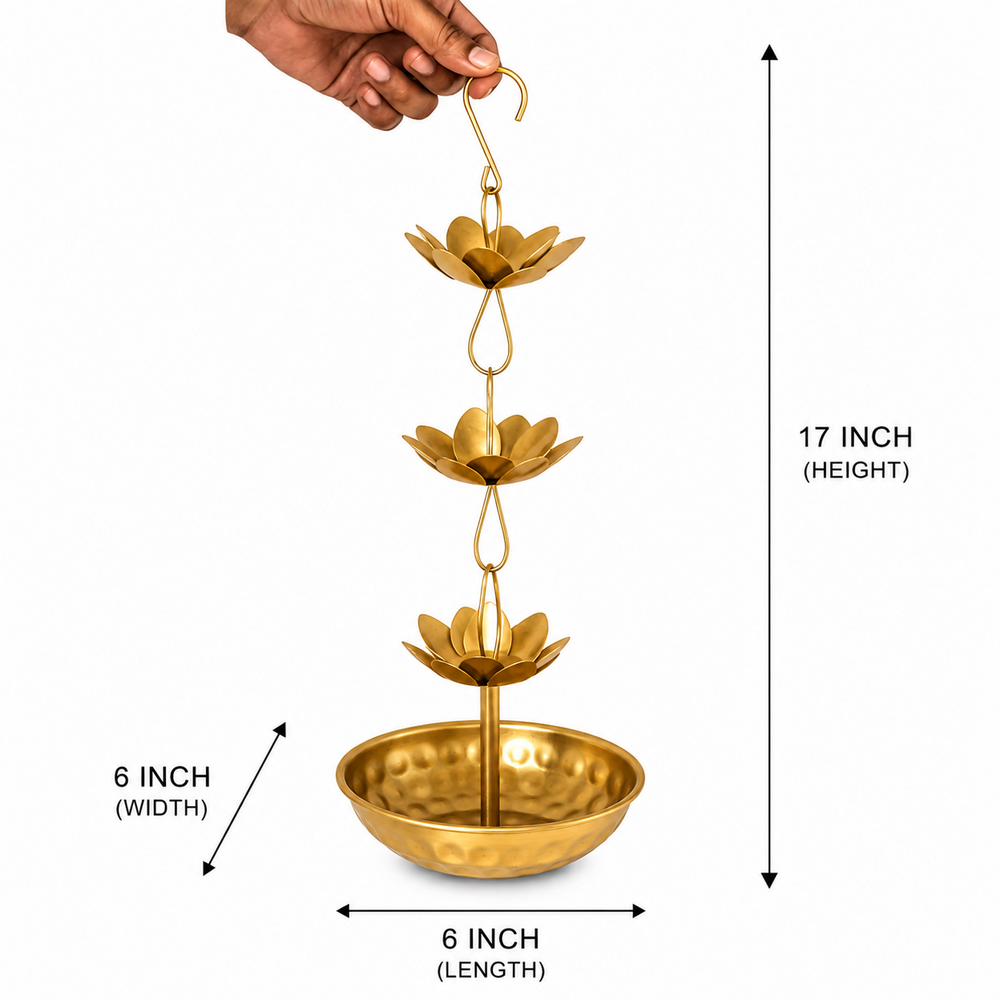 Premium Hammered metal Hanging Urli with Lotus Chain Traditional Indian Decorative Bowl for Floating Flowers, Tealights, and Festive Home Decor