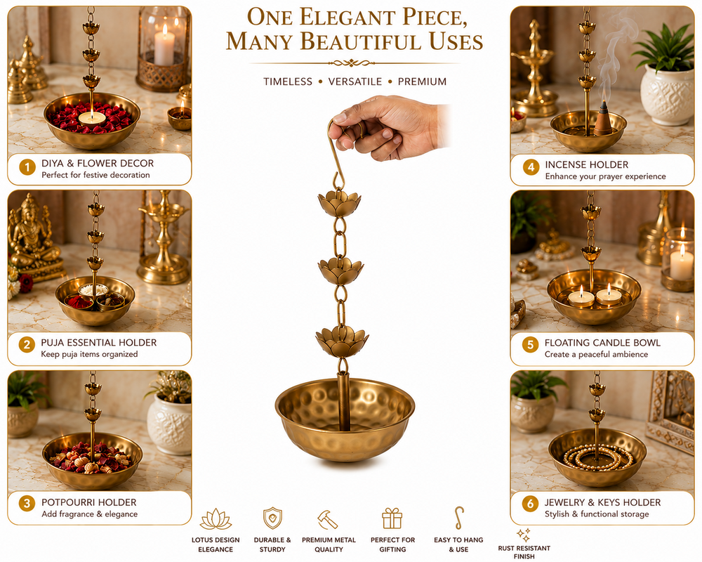 Premium Hammered metal Hanging Urli with Lotus Chain Traditional Indian Decorative Bowl for Floating Flowers, Tealights, and Festive Home Decor