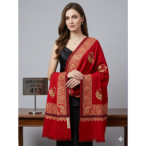 413 Striking Red Wool Blend Embroidery Pattern Shawl