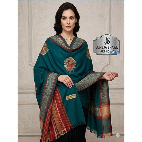 416 Teal Blue Wool Woven Embroidered Shawl