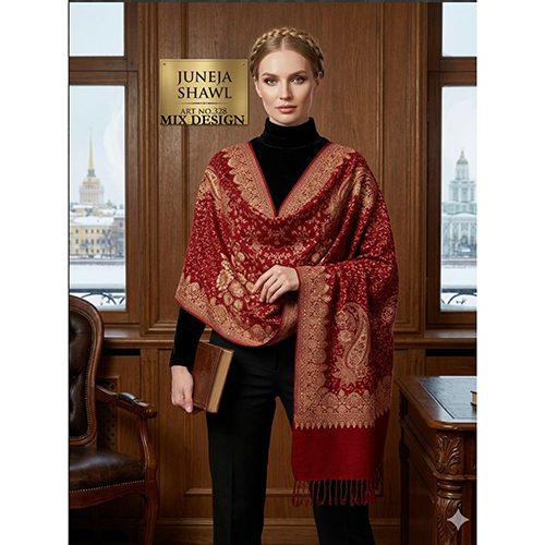 328 Luxurious Maroon And Gold Toned Woven Polywool Shawl