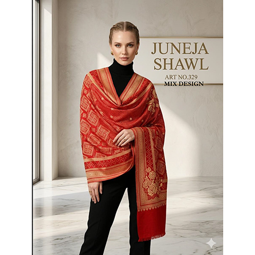 329 Vibrant Red Gold Zari Jacquard Shawl