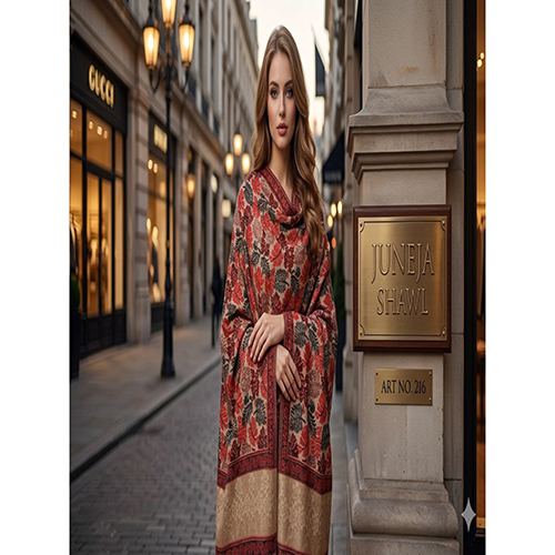 216 Vibrant Red And Multicolored Floral Printed Wool Shawl