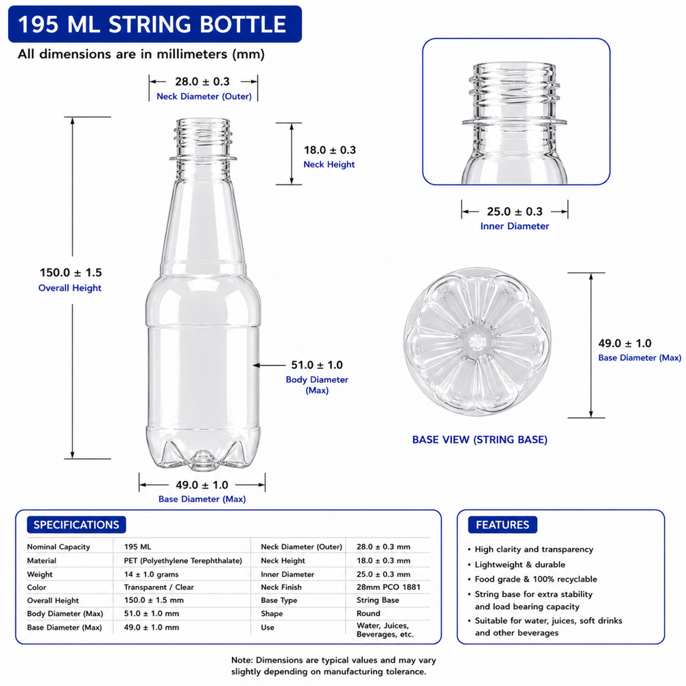 195 Ml String Beverage Pet Bottle - Color: Transparent/Clear