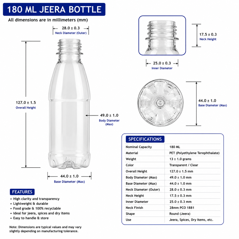 180 Ml Jeera Pet Bottle - Color: Clear