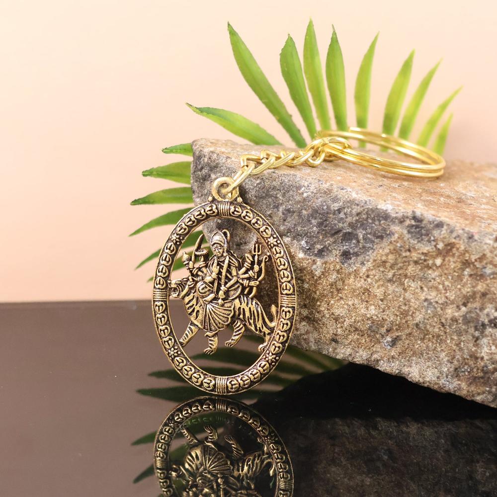 Premium Golden Metal Durga Maa Keychain (1 Pc) - Color: Car & Motorbike