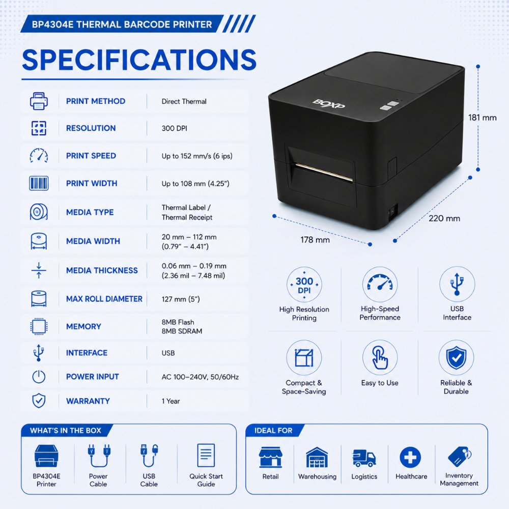 BP4304E 300 DPI Thermal Barcode Printer