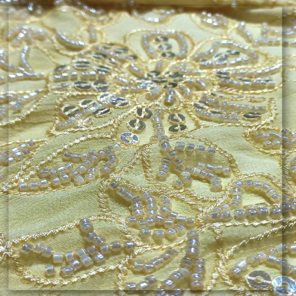 Luxury Yellow Glass Beaded Sequin Embroidered Georgette Fabric | FabricDiary