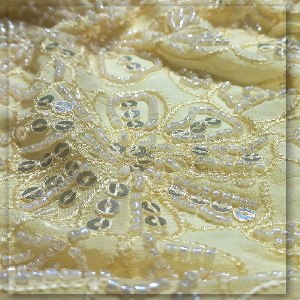 Luxury Yellow Glass Beaded Sequin Embroidered Georgette Fabric | FabricDiary