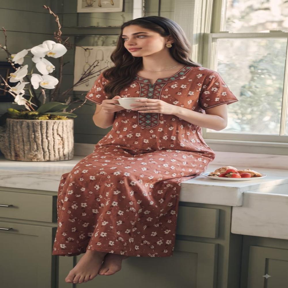 EVOLOVE Luxury Pure Cotton Nightgown | Soft Cotton Ladies Sleepwear | Designer Maxi Nighty