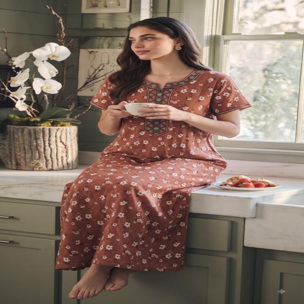 EVOLOVE Luxury Pure Cotton Nightgown | Soft Cotton Ladies Sleepwear | Designer Maxi Nighty
