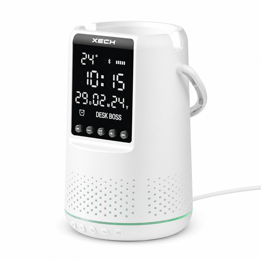 Desk Boss wireless speaker with a clock display