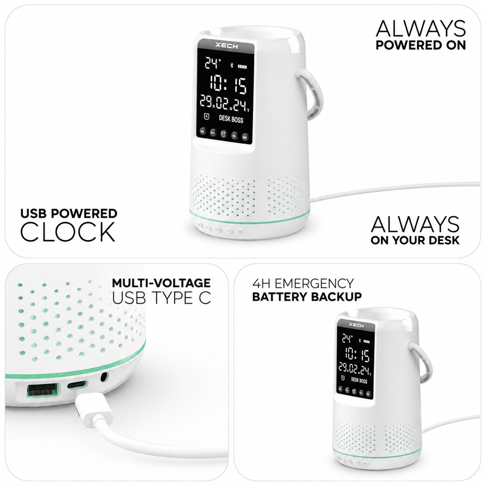 Desk Boss wireless speaker with a clock display