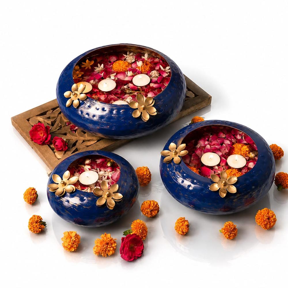 Handcrafted Blue Metal Floating Urli Bowl Set Of 3 - Occasion: Diwali