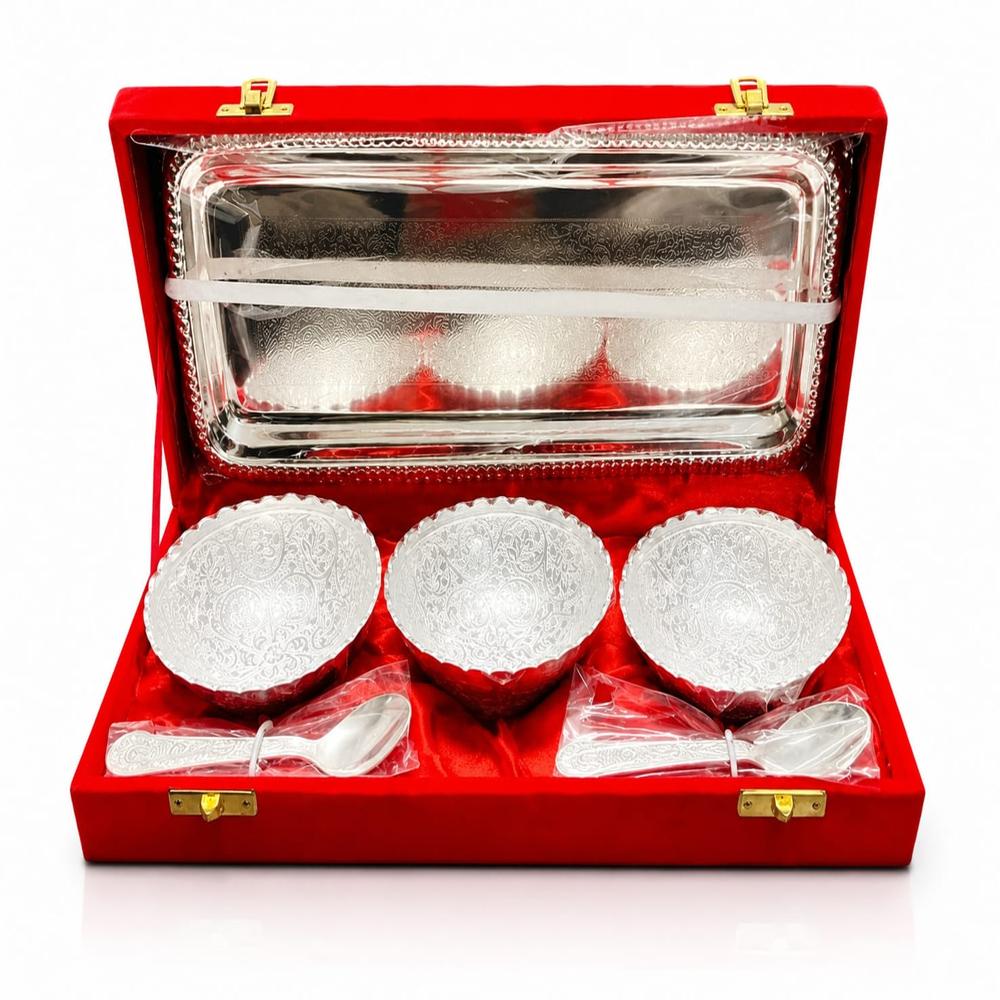 German Silver Dry Fruit Bowl & Serving Tray Gift Set - Finish: Glossy