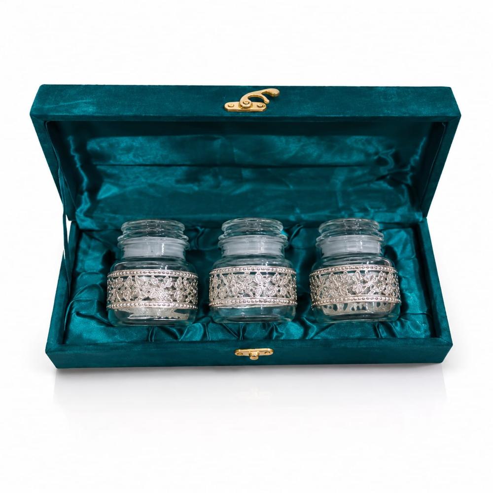 German Silver Spice Jar Set with Glass Containers & Premium Velvet Gift Box