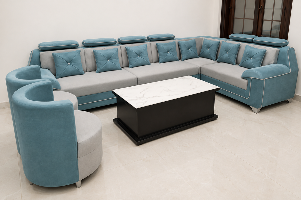 8 Cusion L Shape Sofa Set - Color: Grey & Brown Combination