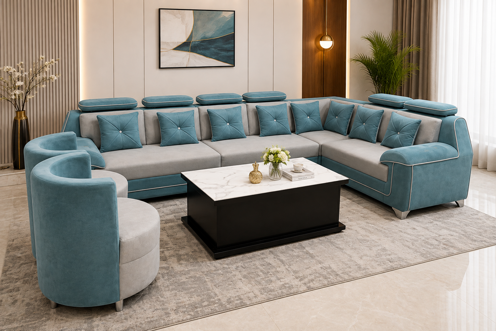 8 Cusion L Shape Sofa Set - Color: Grey & Brown Combination