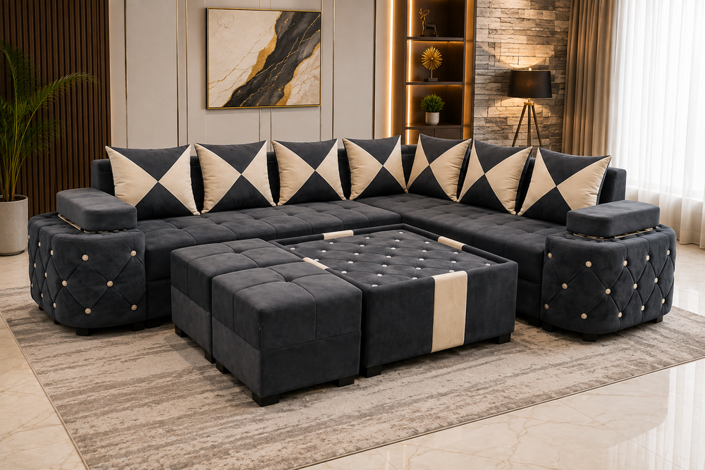 9 Seater Customized Sofa - Solid Sheesham Wood, 350x260x85cm, Custom Colors | Modular L-shaped, Fire Retardant Fabric, Ergonomic Cushions