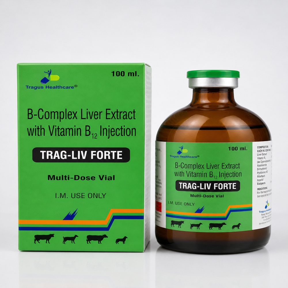 Thiamine Hydrochloride 10 Mg + Riboflavine 3 Mg + Niacinamide 100 Mg + Vitamin B12 (Cyanocobalamin) 110 Mcg + Liver Injection Crude 0.66 Ml / Trag-Liv Forte - 100 Ml - Ingredients: Chemicals