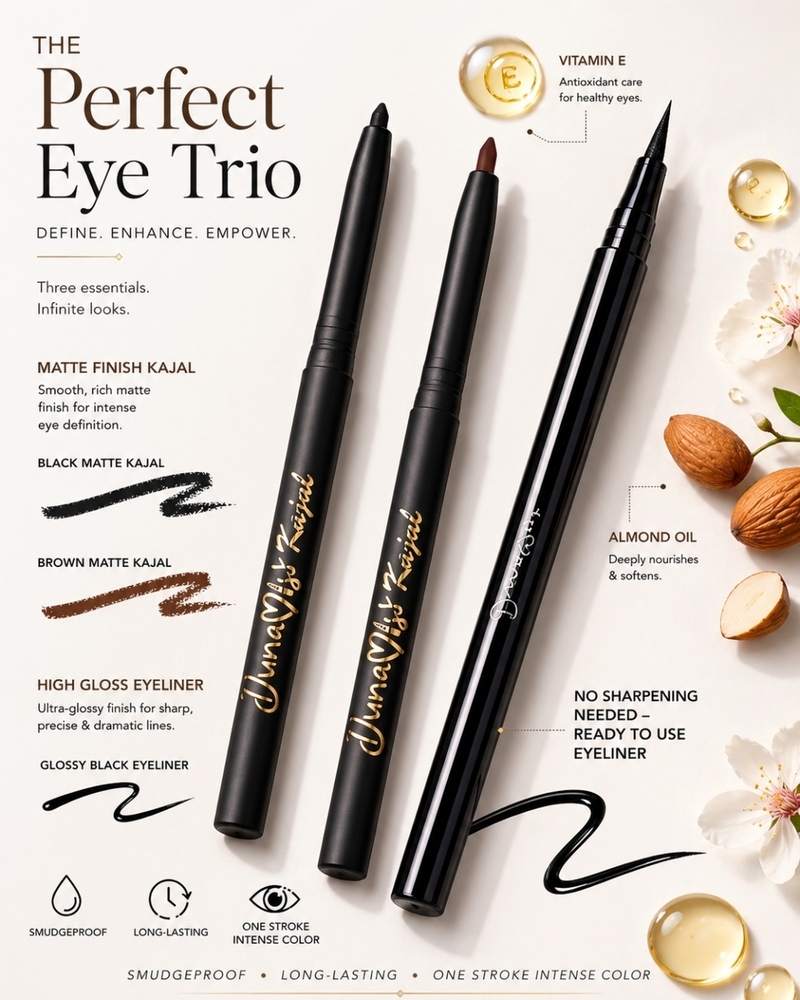 Eyeliner + black Kajal + brown kajal