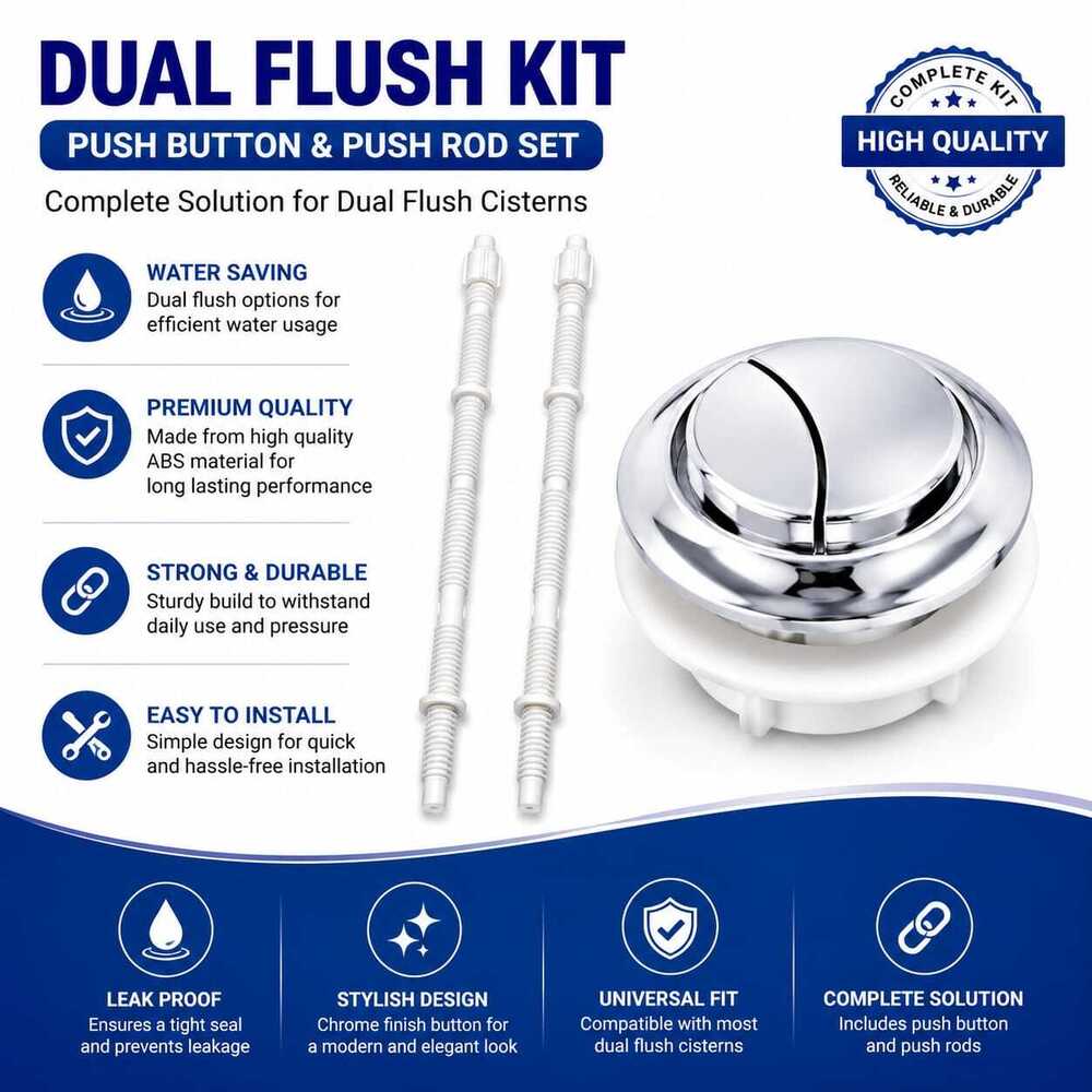 Dual Flush Valve Kit With Push Button & Push Rod Set - Color: White