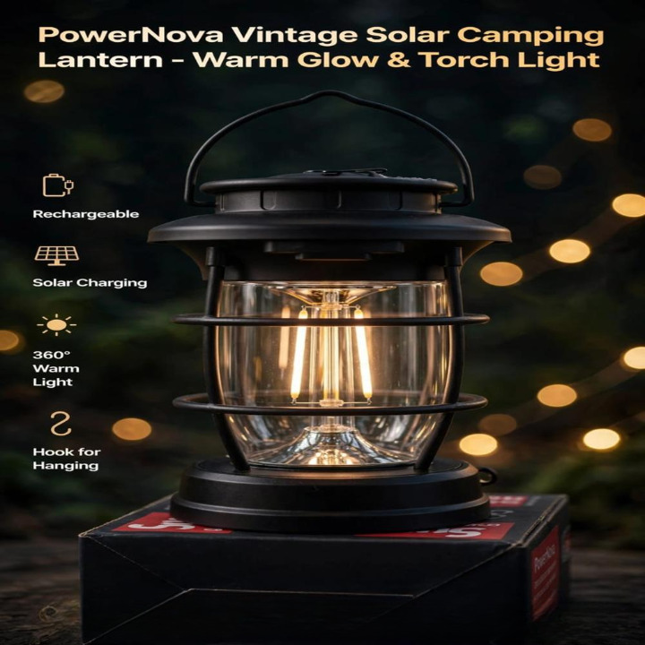 Powernova Vintage Solar Camping Lantern - Cable Length: Not Specified (Solar Charging)