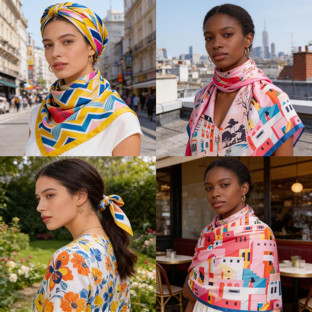 Satin Silk Digital Printed Square Head Scarves - Color: Assorted