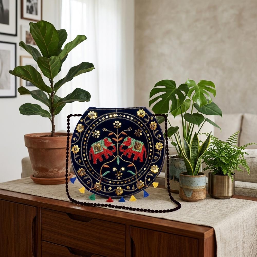 Women Embroidered Round Sling Bag With Elephant Design - Color: Black