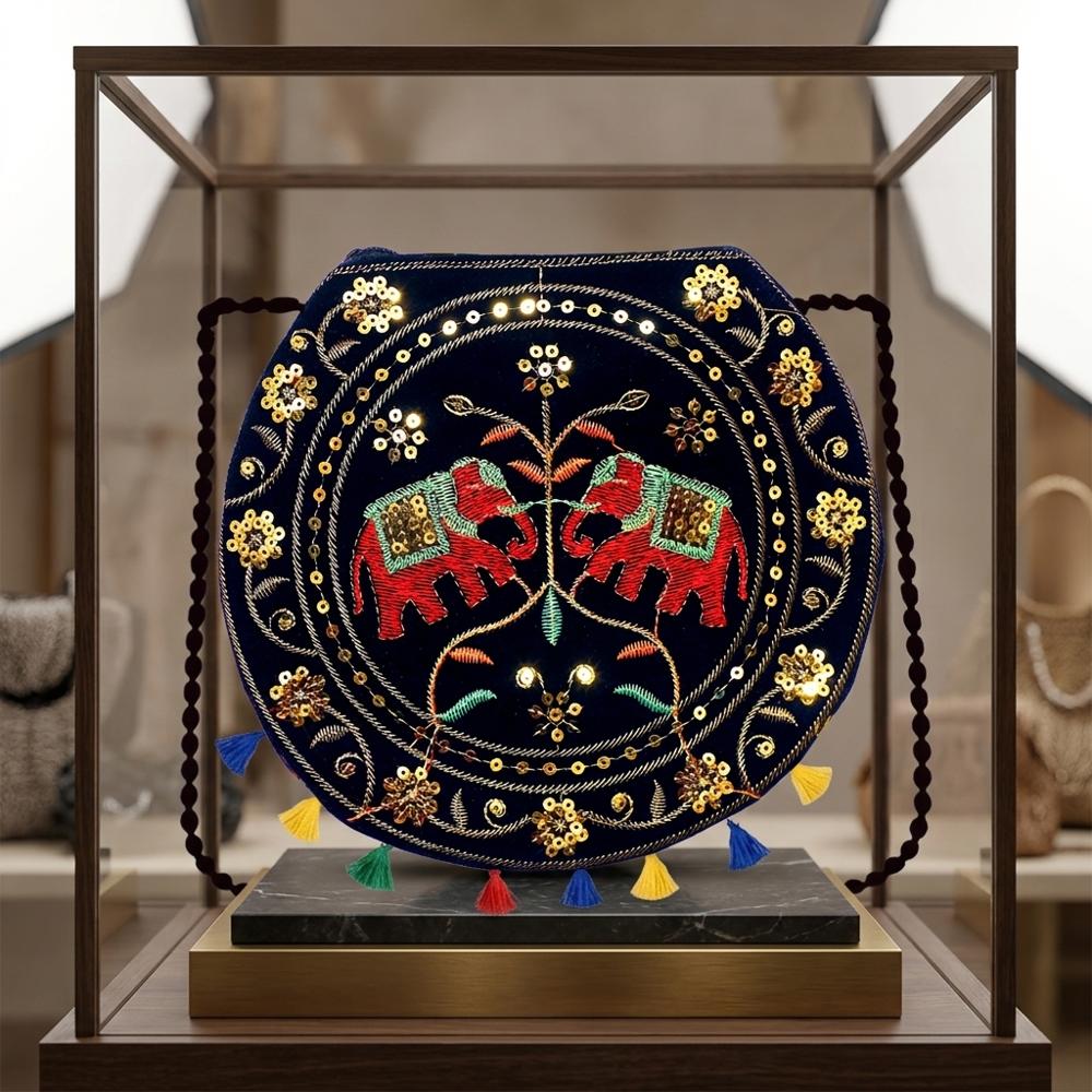 Women Ethnic Round Sling Bag With Mirror & Sequin Work - Color: Black
