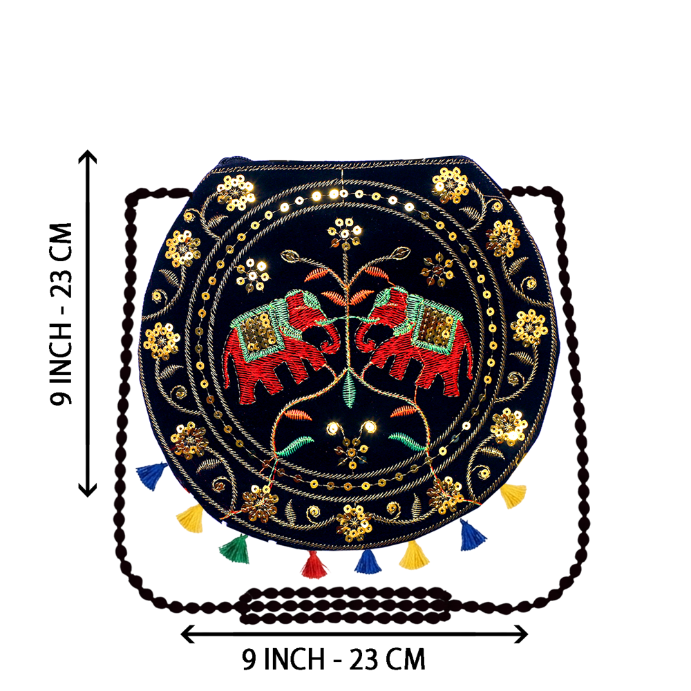 Designer Elephant Embroidery Sling Bag For Women - Color: Black