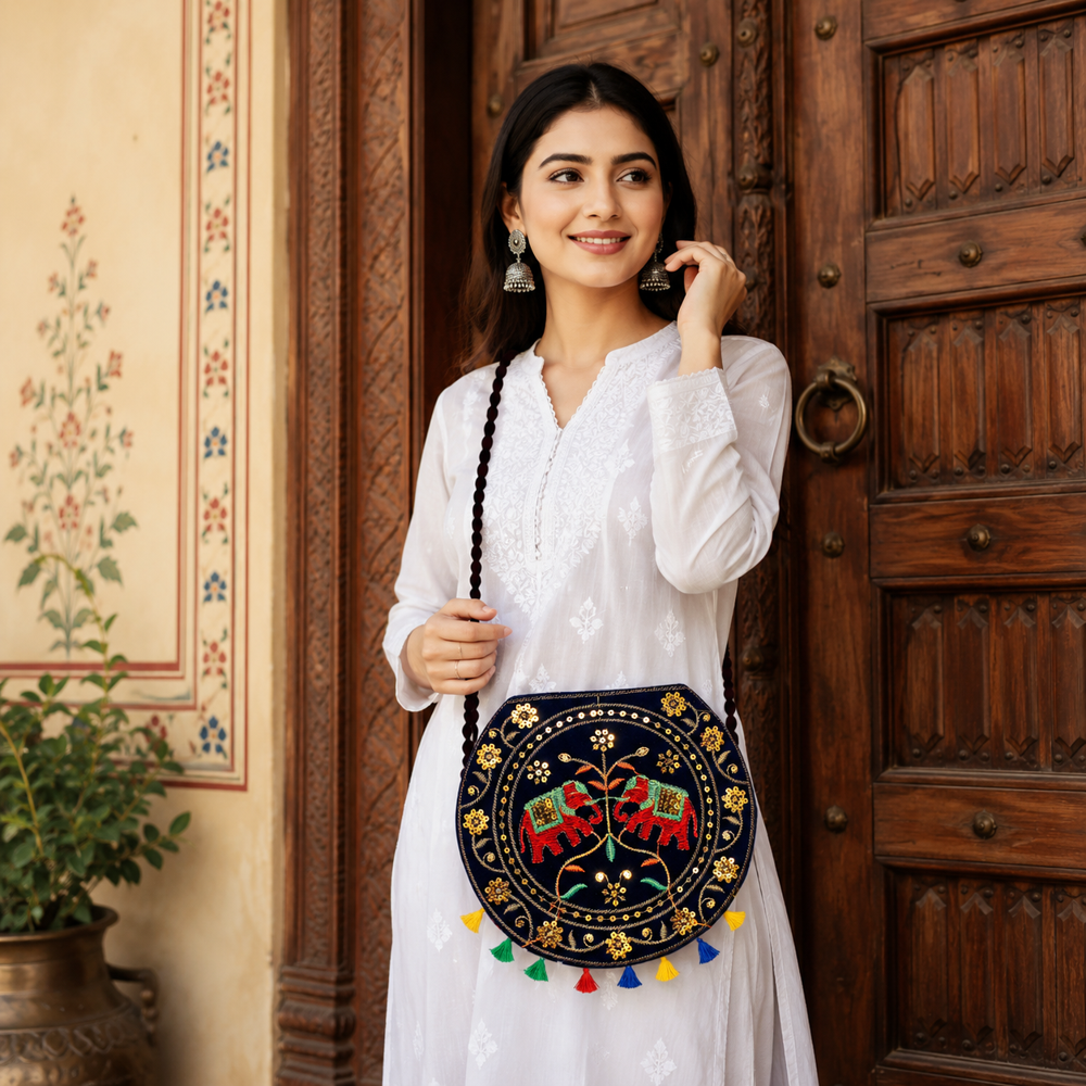 Women Traditional Handcrafted Round Shoulder Sling Bag - Color: Black