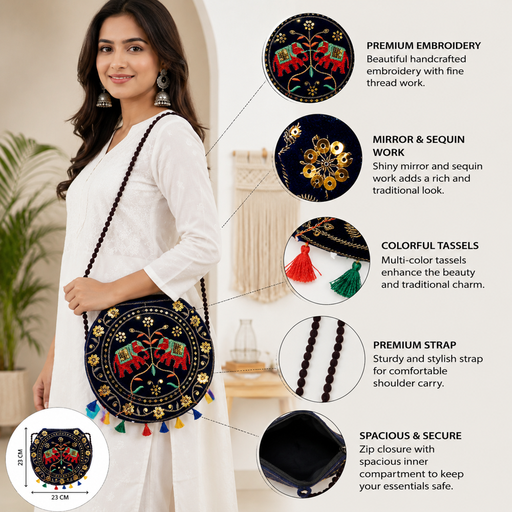 Women Embroidery Mirror Work Sling Bag With Zip Closure - Color: Black