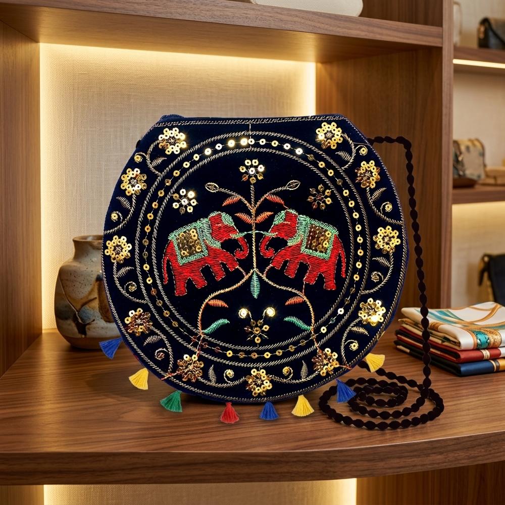 Women Stylish Round Embroidered Sling Bag With Tassels - Color: Black