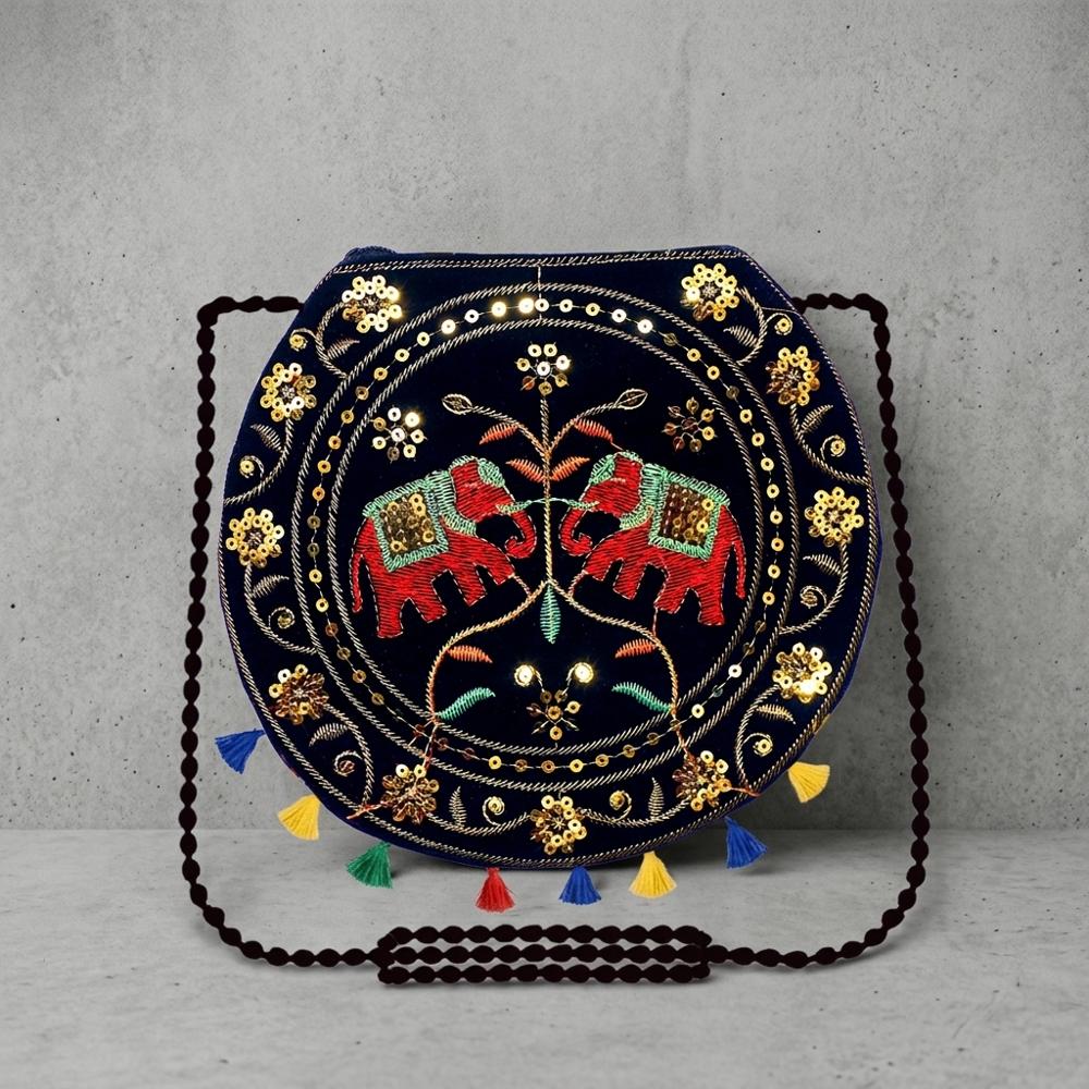 Women Handcrafted Embroidery Round Sling Shoulder Bag - Color: Black