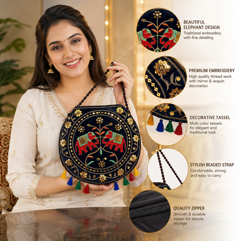 Women Ethnic Sling Bag With Colorful Tassel Detailing - Color: Black