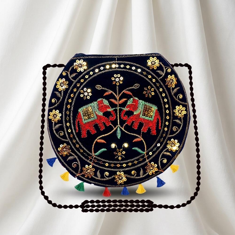 Premium Embroidered Round Sling Bag For Women & Girls - Color: Black