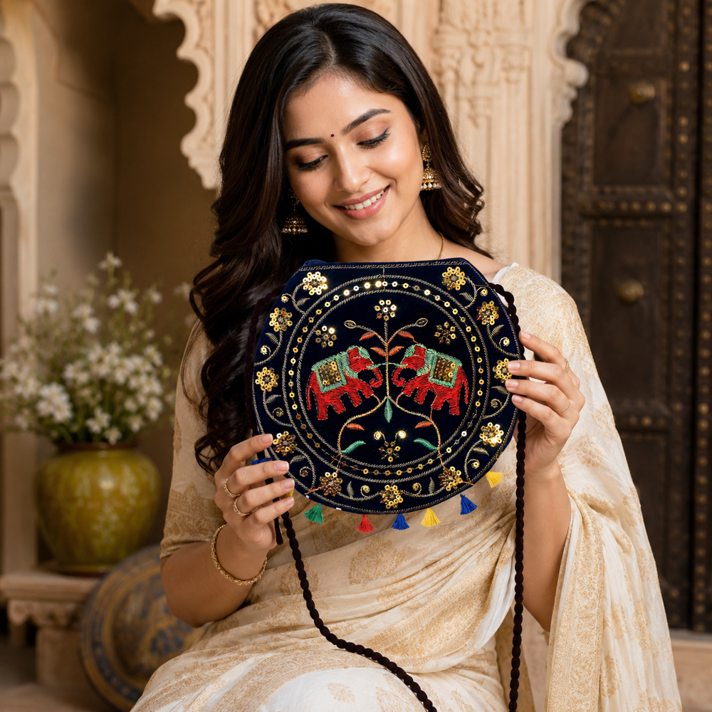 Women Embroidered Ethnic Crossbody Bag With Zip Closure  20 - Color: Black