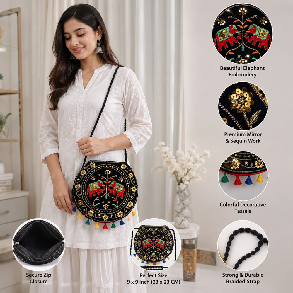 Krishna Handloom Women Elephant Motif Embroidered Ethnic Sling Bag 26 - Color: Black