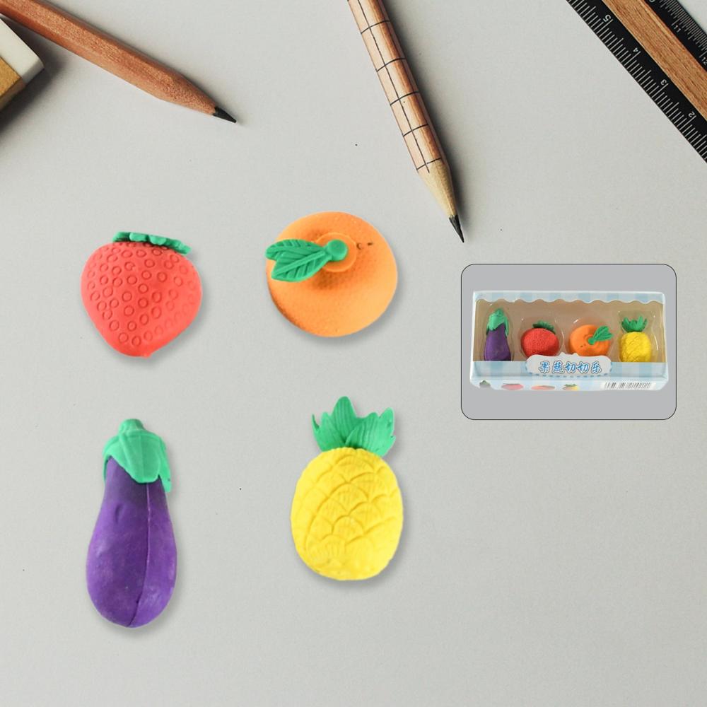 Mini Cute Veg & Fruit Erasers 3D Colorful Eraser Set for Kids (4 Pc)