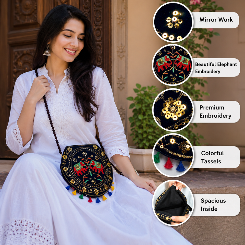 Krishna Handloom Women Multicolor Tassel Traditional Sling Bag 28 - Color: Black