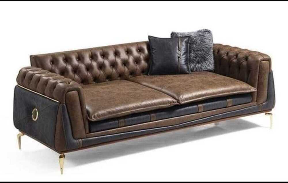 Brown and Black Tufted Leather Sofa