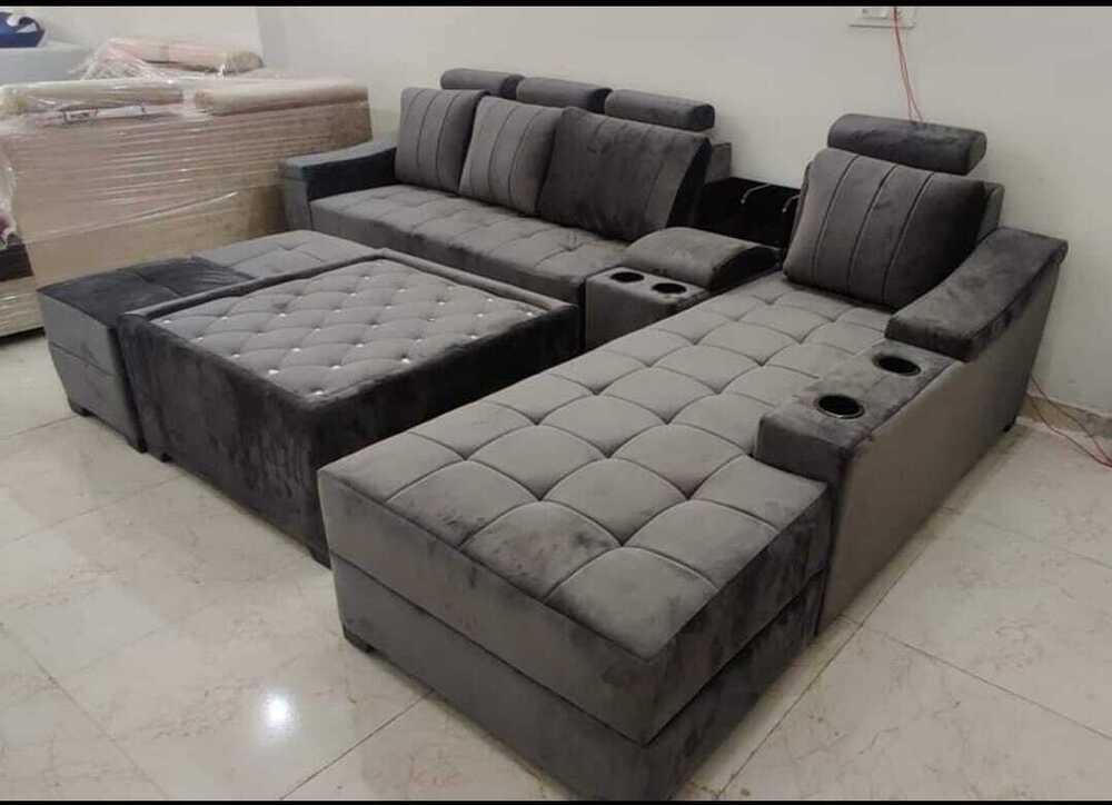 Grey Velvet L-Shape Sofa Set