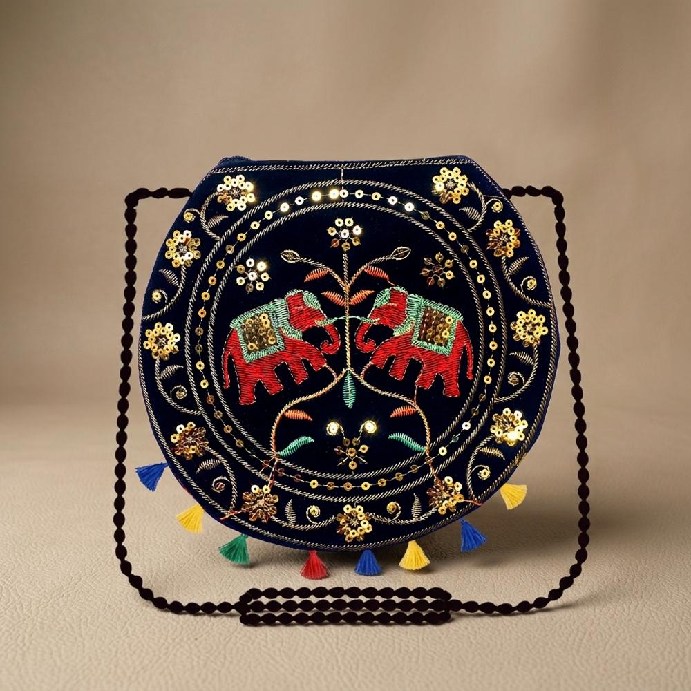 Women Round Ethnic Bag With Premium Embroidery - Color: Black