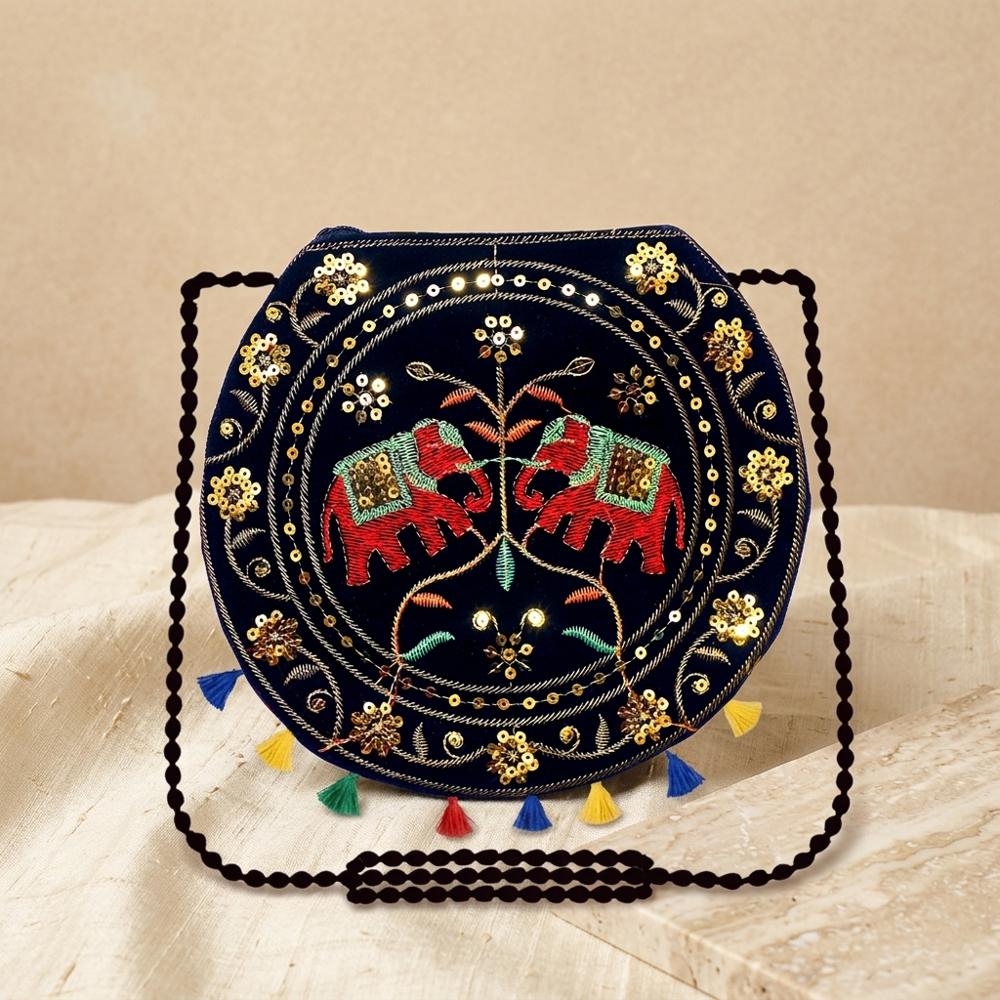 Women Embroidered Round Bag with Colorful Tassels