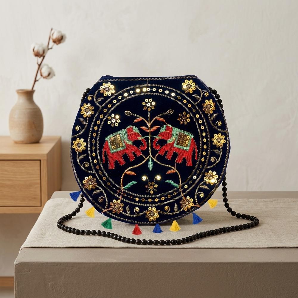 Ethnic Shoulder Sling Bag with Elephant Embroidery