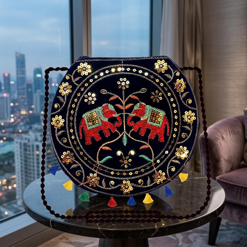 Round Elephant Embroidered Sling Bag For Girls & Women - Color: Black