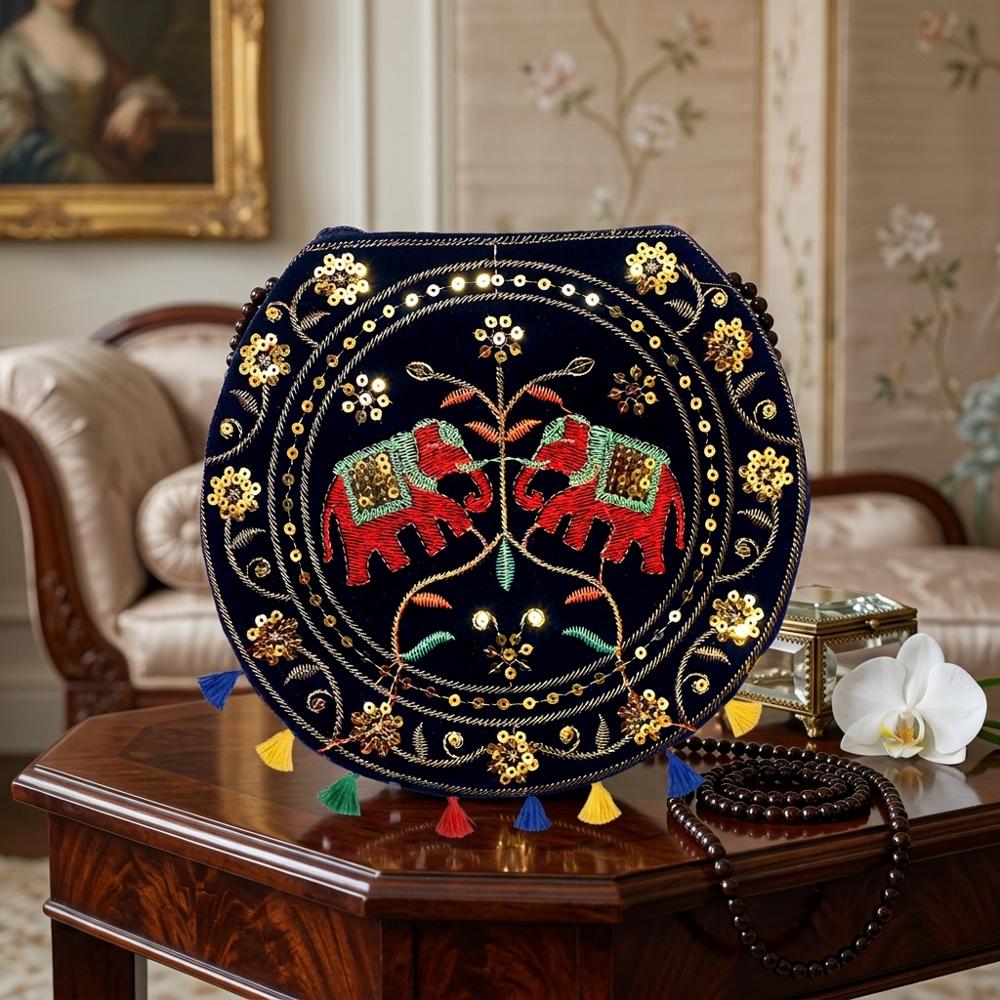Stylish Ethnic Round Sling Bag With Elephant Motif - Color: Black
