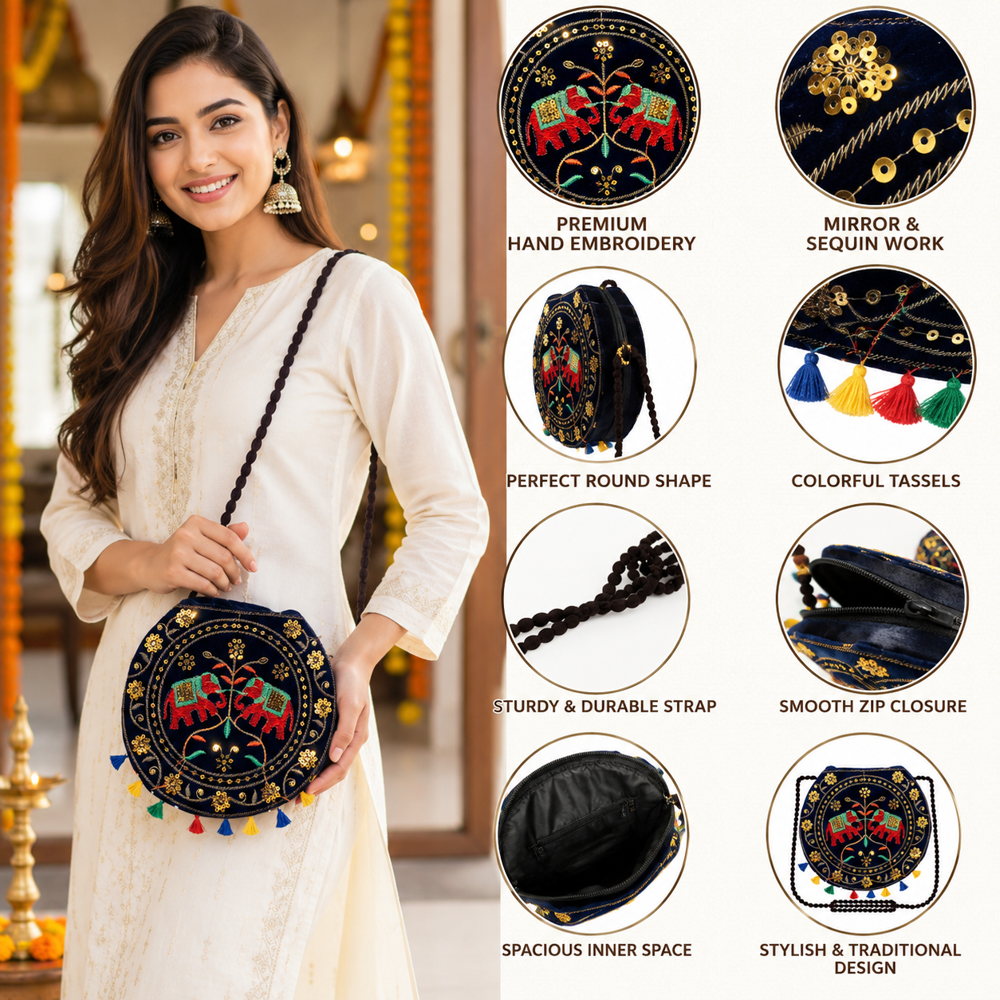 Traditional Embroidery Round Crossbody Bag for Women