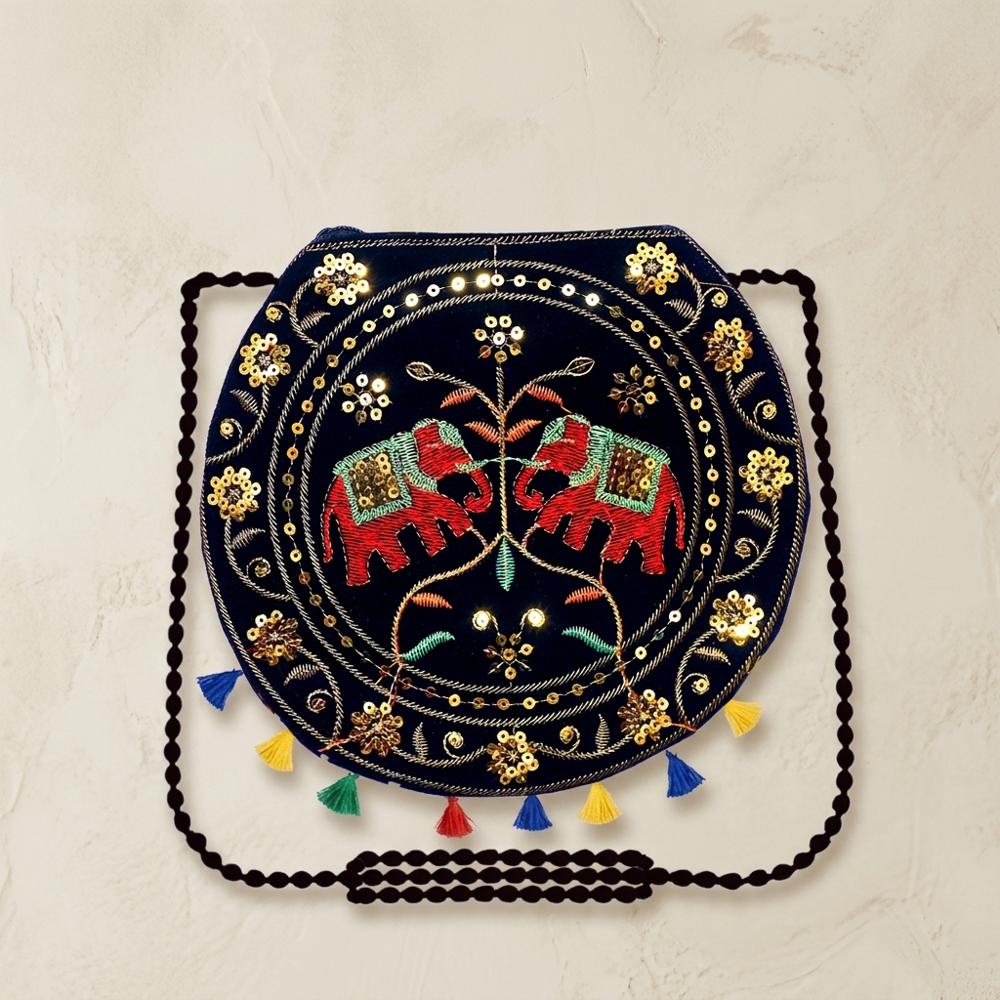 Ethnic Round Bag with Multicolor Tassels for Women